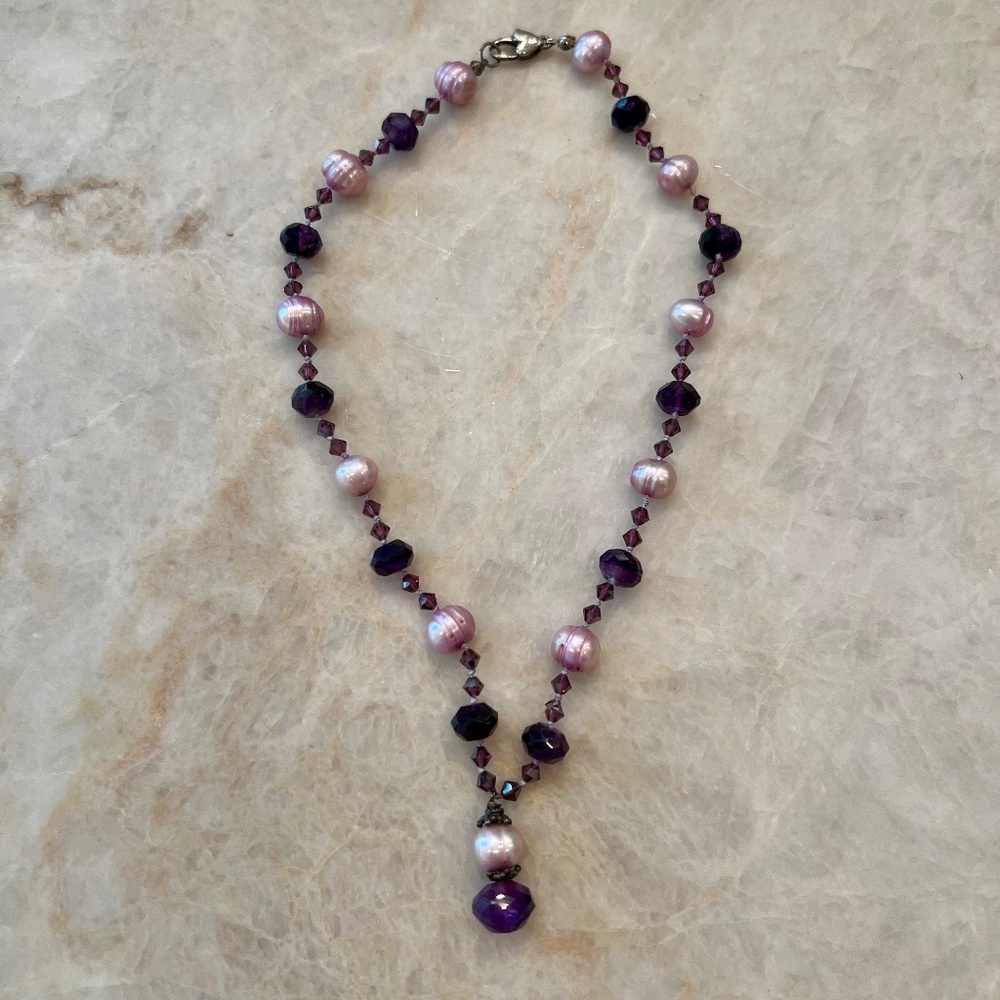 Pearl & Amethyst Necklace | Sterling Silver | Elegant Drop